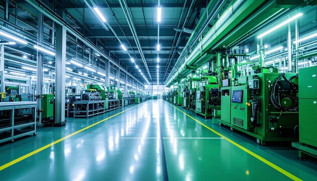 Futuristic factory machinery in emerald tones with ample copy space for text or design