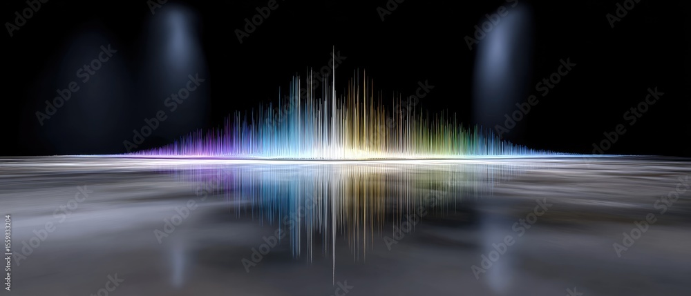 Poster a colorful soundwave visualization reflected on a glossy surface with dark background and spotlight 