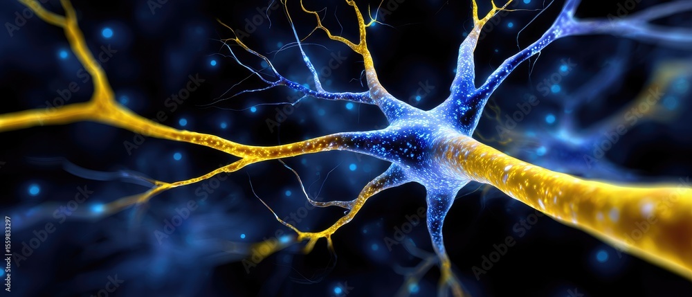 Poster a detailed digital illustration of a neuron with glowing synapses and dendrites, highlighting neural