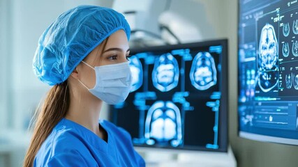 Female doctor in blue scrubs and surgical mask analyzing brain scan images on computer monitor in modern hospital radiology room, focused on medical healthcare analysis for women - Powered by Adobe
