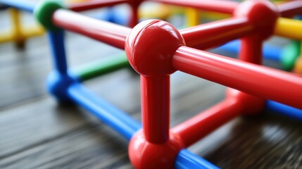Abstract Colorful Interlocking Rods: Close-up Macro Shot of Vibrant Plastic Construction Toy