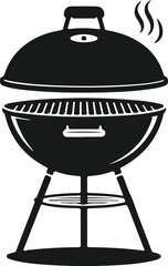 Classic black kettle barbecue grill with lid open and smoke rising