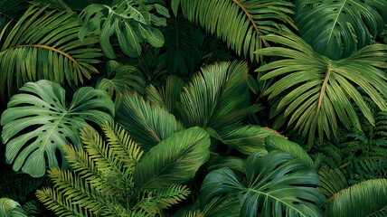 Lush tropical foliage with various green leaves depicting a natural jungle environment