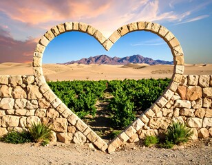A stone barrier between a lush garden and an arid desert
