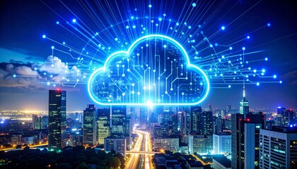 Futuristic big data processing cloud hovering above a smart city skyline at night