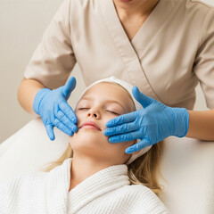 Naklejka premium Beauty Treatment. Calm girl receiving face massage from cosmetologist who wearing protective gloves, isolated