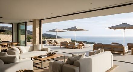 Bright open living space with ocean view and outdoor lounge area in a modern luxury villa design