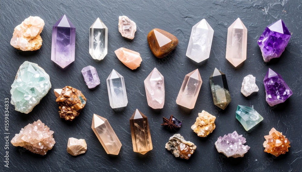 Poster striking flat lay of crystals displayed on slate background with subtle hues and gentle brightness