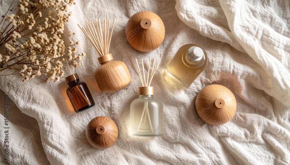 Aufkleber serene flat lay of diffusers and a bottle of perfume on soft white linen background