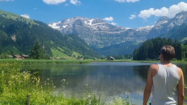 A muscular man in a white tank top takes in the breathtaking view of the Wildstrubel and the alpine range rising beyond a calm lake on a sunny day in Lenk, Switzerland