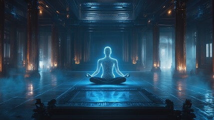 A glowing AI hologram meditating in a futuristic zen temple 