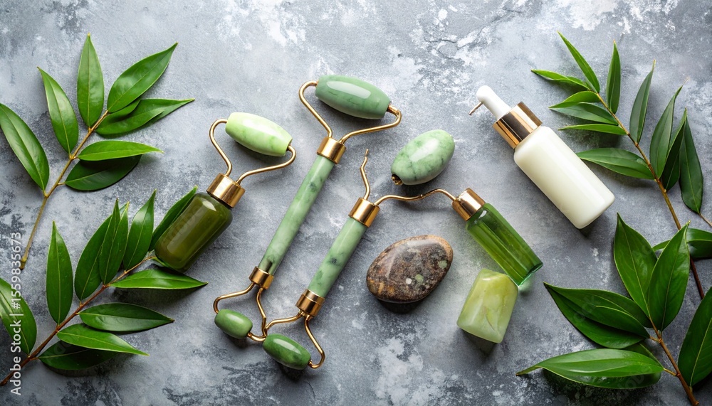 Poster set of green items artfully arranged in a dynamic flat lay on a calming stone background