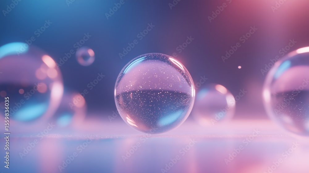 Poster colorful bubbles floating in a soft, illuminated background creating an abstract and serene atmosphe