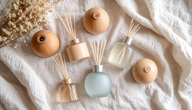Collection of diffusers and diffuse sticks on soft pastel linen background flat lay