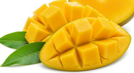 Sliced Ripe Mango with Leaves – Juicy, Sweet & Visually Appealing Tropical Fruit