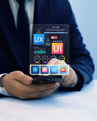 UX-UI design web and user design development.Holographic UI-UX, display icons of UX-UI designer,...