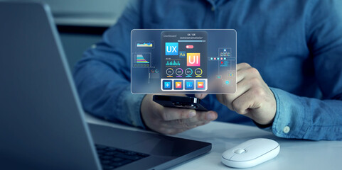 Holographic UI-UX, display icons of UX-UI designer, creative planning, data visualization. Web...