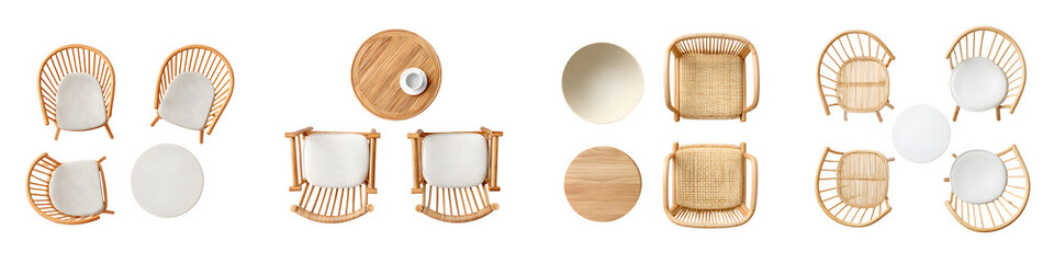 Top View Rattan Furniture Set: Chairs and Tables for Outdoor Patio, Isolated