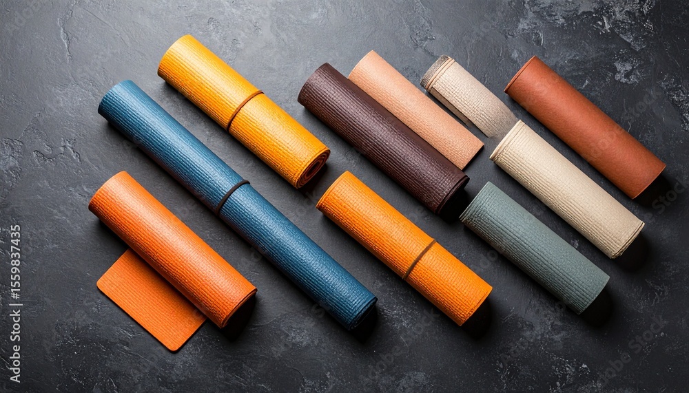 Poster dynamic flat lay of a set of leather rolls on a slate background with warm hues and brightness