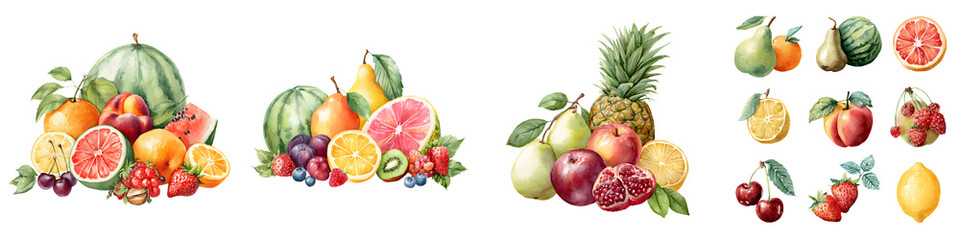 Watercolor Fruit Composition: Fresh and Vibrant Fruit Set