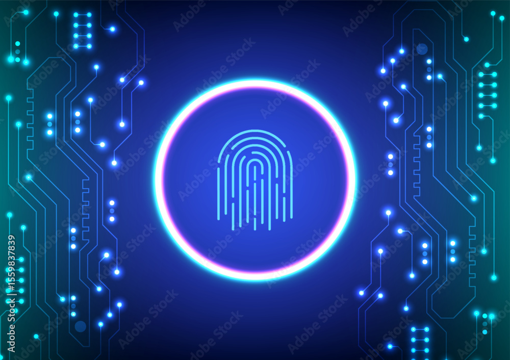 Poster digital technology circuit background. scan code finger concept. design for circuit futuristic abstr