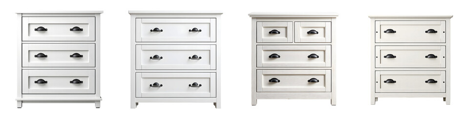 Four White Wooden Chest of Drawers on White Background: Furniture Mockup
