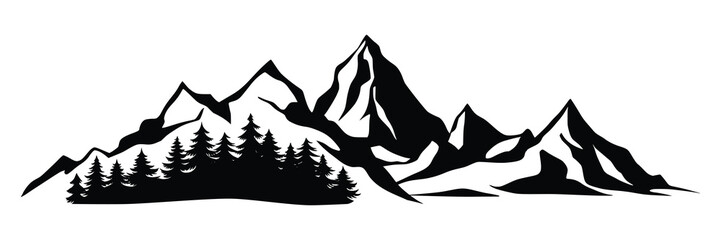 Silhouette mountain range and forest isolated on white background, vector design