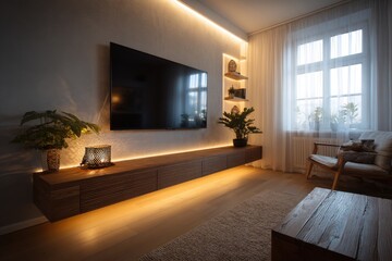 Living room with tv and floating cabinet illuminated by led strip lights and plants near a window