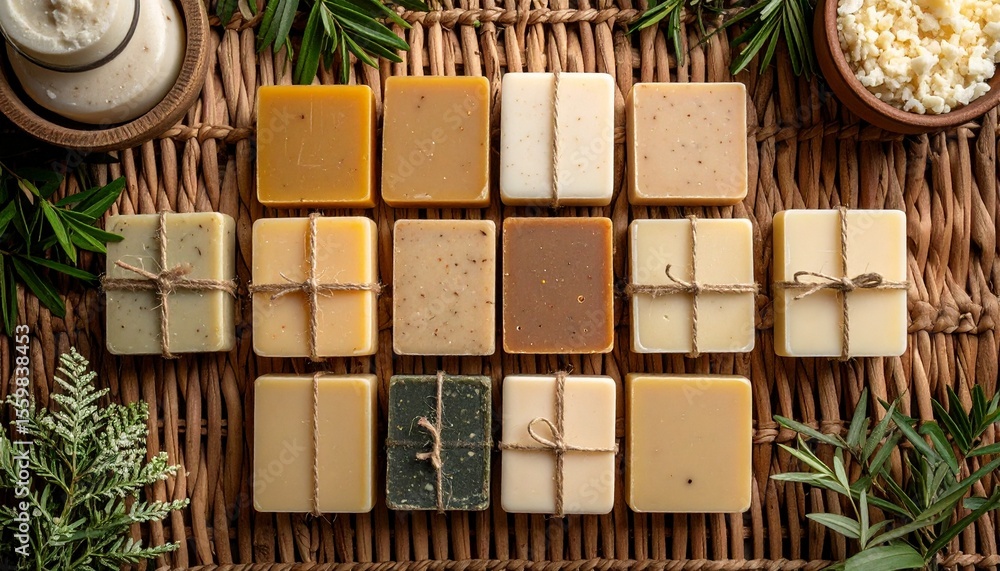 Aufkleber tranquil flat lay of natural soaps and soap bars on wicker with calming color palette