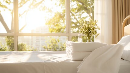 Relaxing moment in a sunny bedroom with fresh flowers and neatly arranged towels