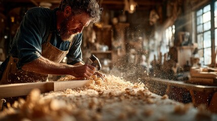 Skilled carpenter shaping timber with a modern hammer in a sunlit woodworking studio