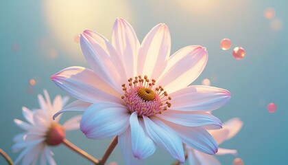 Close up of white daisy flower with pink tips and morning sunlight