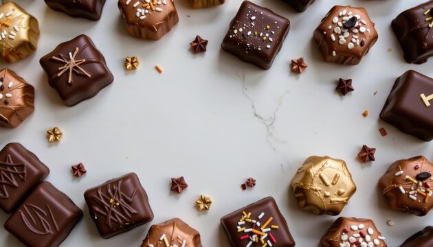 flat lay of assorted gourmet chocolates in different shapes like truffles and squares on a marble ta