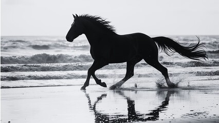 Fototapeta premium Black Horse Running on Beach – Grayscale Fine Art Photography, Monochrome Horse Wall Art, High-Resolution Coastal Animal Print