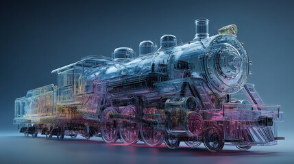 A holographic representation showcases the intricate evolution of steam locomotives, demonstrating the blend of history and technology in 2023.
