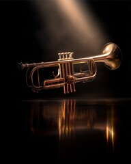 Obraz premium Trumpet Elegance: A spotlight illuminates a gleaming trumpet, its brass surface reflecting the warm glow. This image evokes the richness and passion of music. 