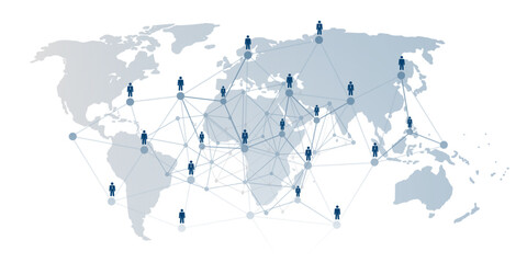 Concept illustration of a global social or business network. Stylized human figures are interconnected by lines and nodes. World map background, symbolizing worldwide collaboration and communication