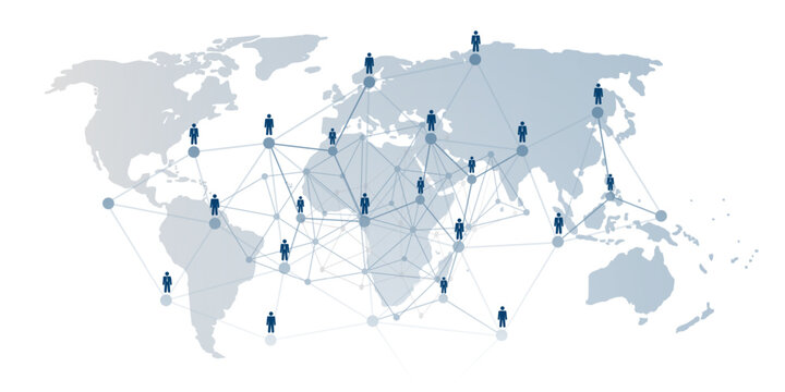 Concept illustration of a global social or business network. Stylized human figures are interconnected by lines and nodes. World map background, symbolizing worldwide collaboration and communication