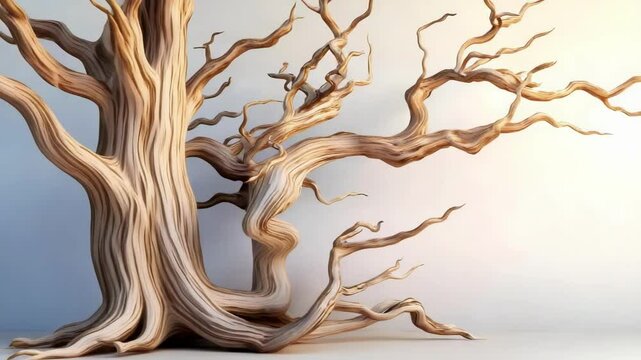 A gnarled, artistic tree with intricate branches against a light background.