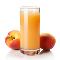 A glass of peach juice with two peaches on a white background studio shot