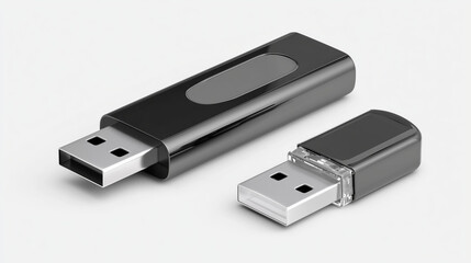 Black USB flash drive isolated on transparent background with cap open, close-up
