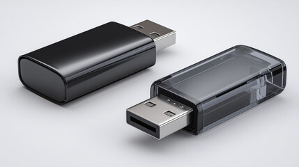 Black USB flash drive isolated on transparent background with cap open, close-up