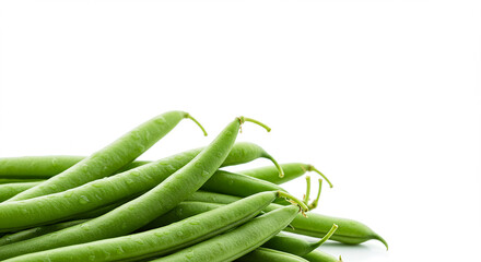 Fresh Green Beans with Water Droplets on White Background – Crisp Organic