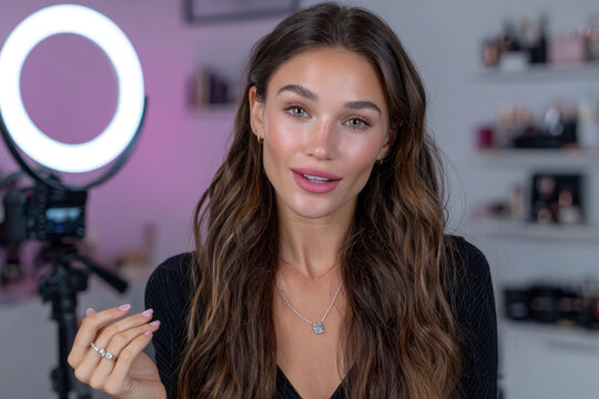 Beauty influencer demonstrates makeup techniques in a well-lit studio setting - Powered by Adobe
