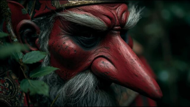 森の闇に浮かび上がる伝統的な赤鼻の天狗