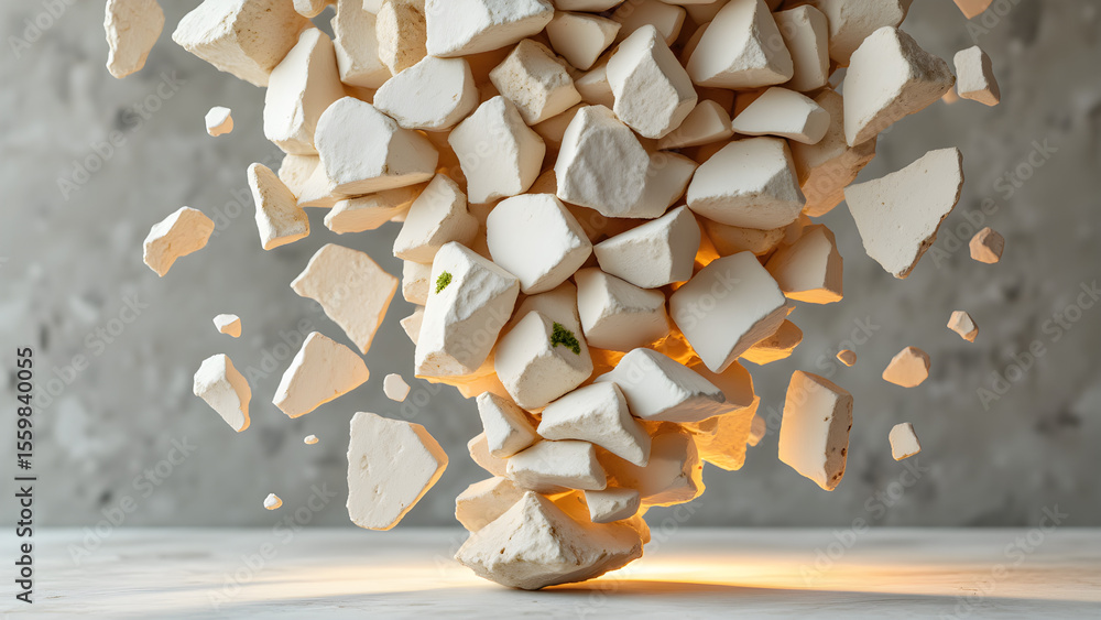 Poster cascading ceramic fragments, bathed in soft ochre light. fractured forms create flowing patterns, ba