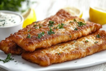 Crispy schnitzel with parsley garnish served with lemon wedges and creamy sauce on white rustic background