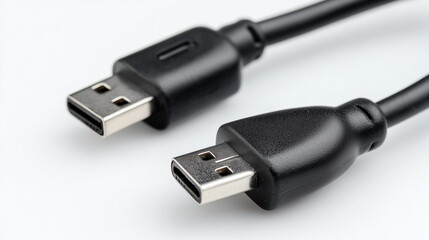close up of Connector micro-USB, USB with cable, isolated on white background. Black cable for data transfer between device