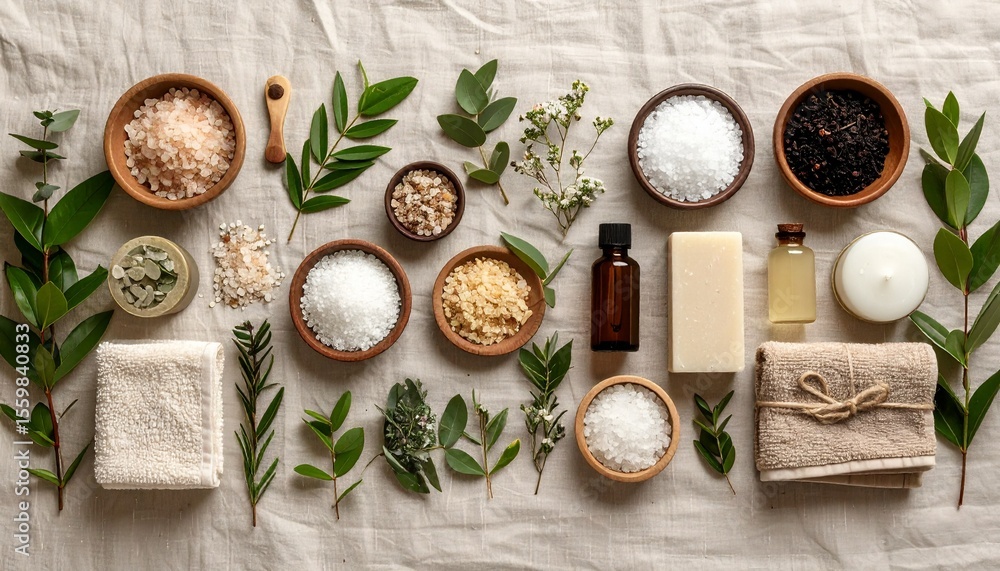 Aufkleber diverse array of natural ingredients displayed in a dynamic flat lay on linen background