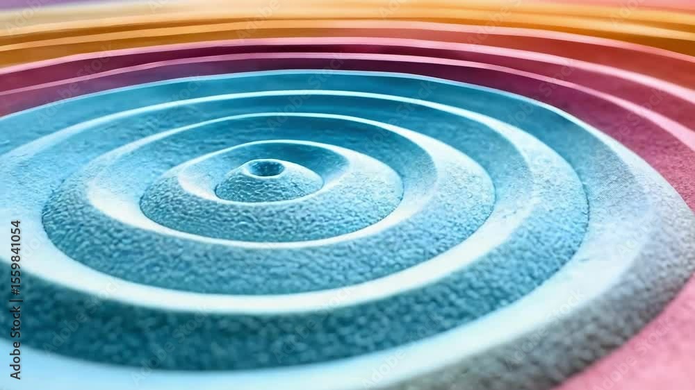 Poster a close-up of concentric colorful circles or waves, resembling ripples or patterns created by sound 
